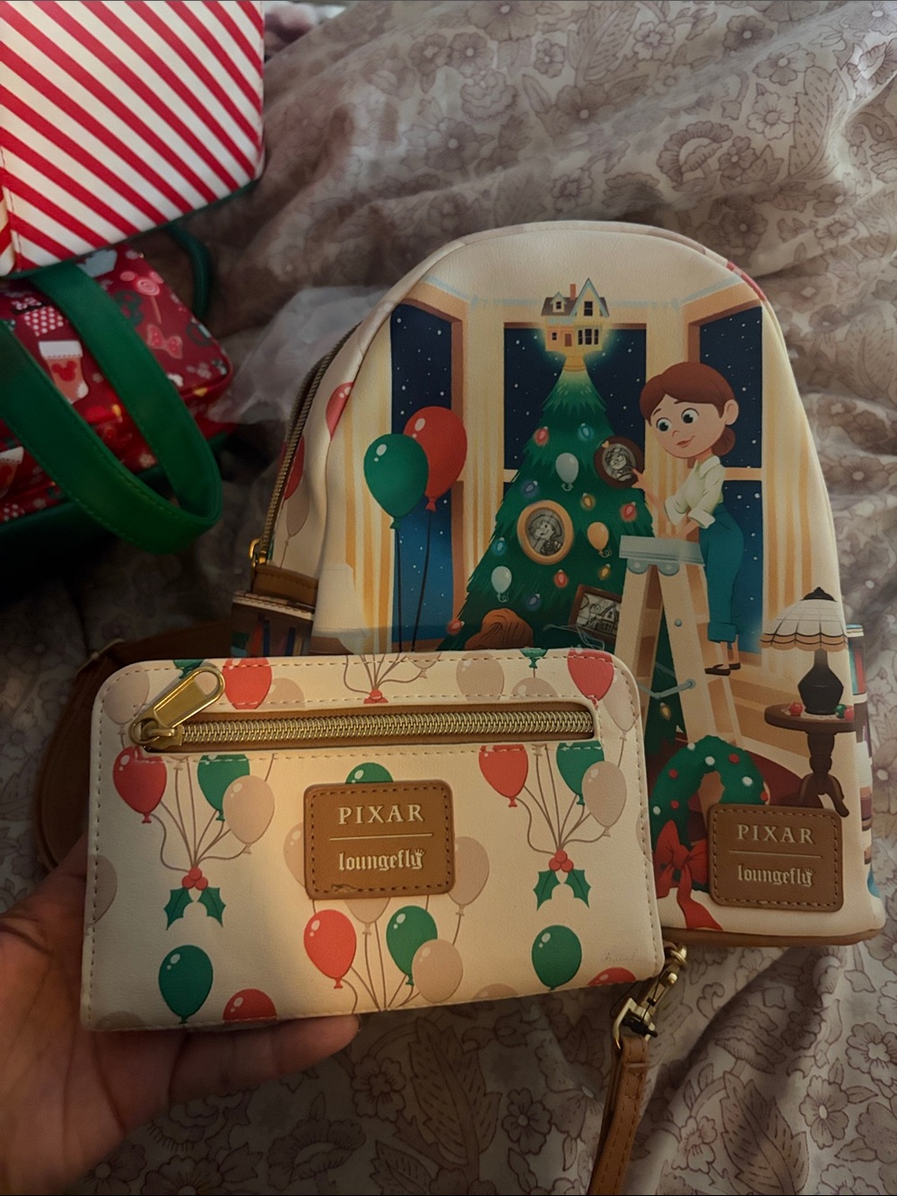 Loungefly Up Cream Holiday Balloon Mini Backpack & Wallet - Green, Red